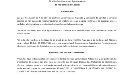 Bando Municipal Coronavirus en Malpartida de Cáceres